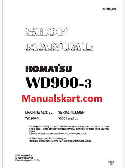 Komatsu WD900-3 Wheel Dozer Pdf Repair Service Manual Sn 50001 and UP