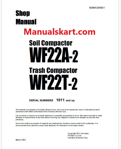 Komatsu WF22A-2 Soil Compactor Pdf Repair Service Manual Sn 1011 and UP