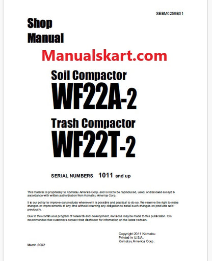 Komatsu WF22A-2 Soil Compactor Pdf Repair Service Manual Sn 1011 and UP