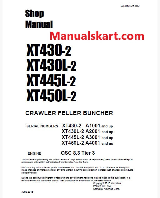 Komatsu XT430-2 Crawler Feller Bunchers/Harvesters Pdf Repair Service Manual Sn A1001 and UP
