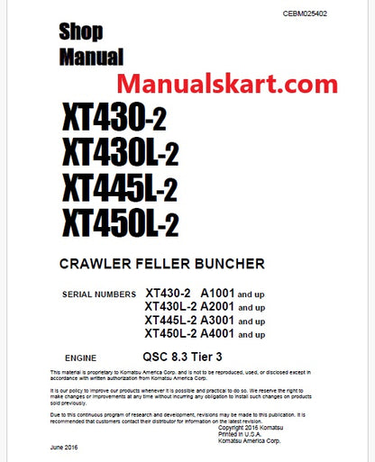 Komatsu XT430-2 Crawler Feller Bunchers/Harvesters Pdf Repair Service Manual Sn A1001 and UP