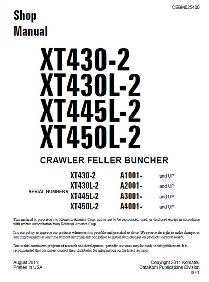 Komatsu XT430-2, XT430L-2, XT445L-2, XT450L-2 Crawler Feller Buncher Pdf Shop Repair Service Manual