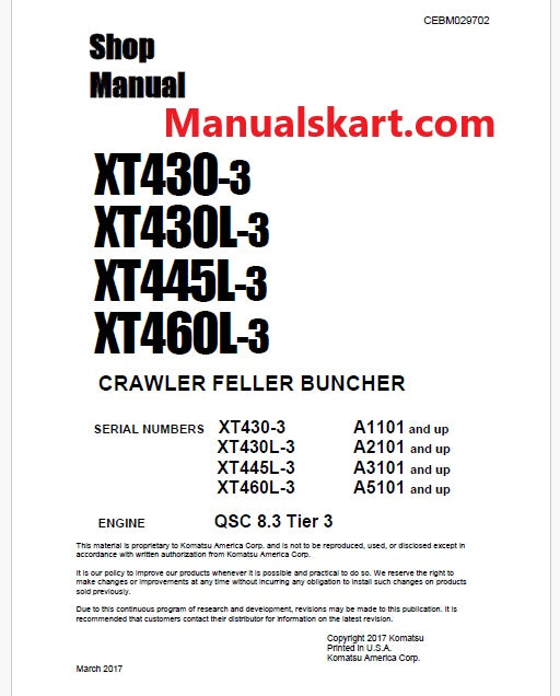 Komatsu XT430-3 Crawler Feller Bunchers/Harvester Pdf Repair Service Manual Sn A1101 and UP