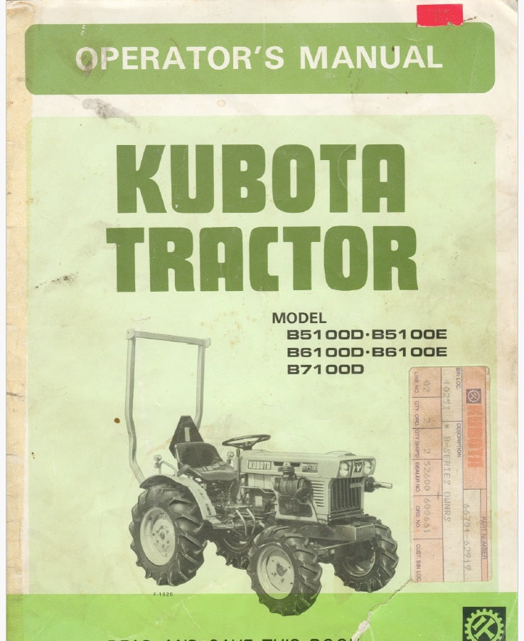 Kubota B5100D, B5100E, B6100D, B610OE, B7100D Tractor Pdf Operator's Manual