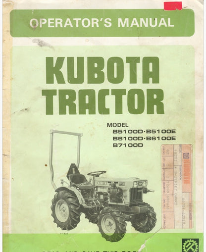 Kubota B5100D, B5100E, B6100D, B610OE, B7100D Tractor Pdf Operator's Manual