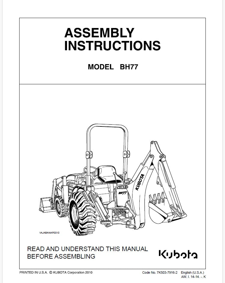Kubota BH77 Backhoe Assembly Instruction Manual