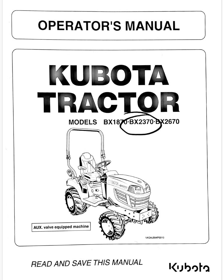 Kubota BX1870, BX2370, BX2670 Tractor Pdf Operator's Manual