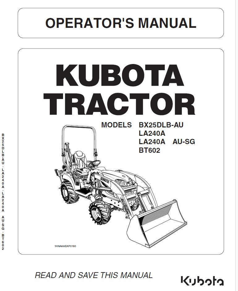 Kubota BX25DLB-AU, LA240A, LA240A AU-SG, BT602 Tractor Pdf Operator's Manual