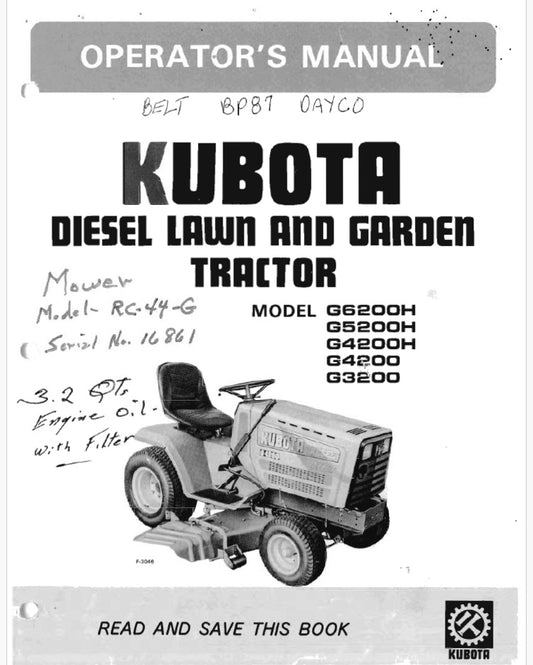 Kubota G620OH, G5200H, G4200H, G4200, G3200 Diesel Lawn And Garden Tractor Pdf Operator's Manual