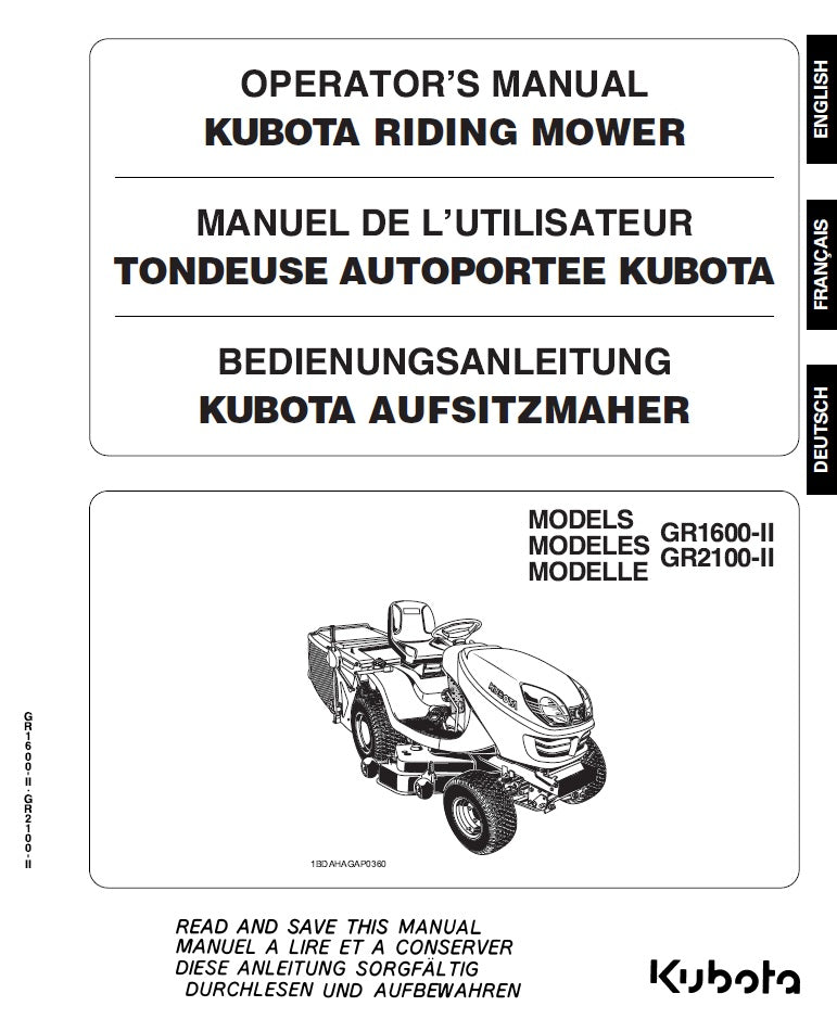 Kubota GR1600-II, GR2100-II Riding Mower Pdf Operator's Manual