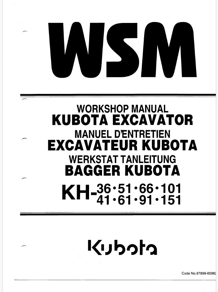 Kubota KH36, KH51, KH66, KH101, KH41, KH61, KH91, KH151 Excavator Pdf Repair Service Manual