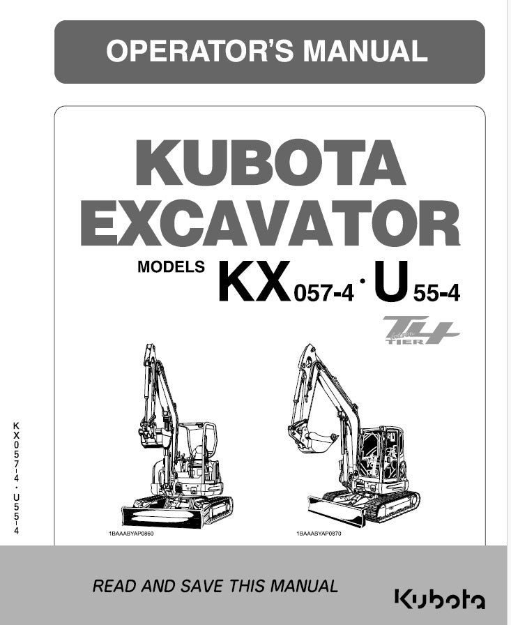 Kubota KX057-4, U55-4 Excavator Pdf Operator's Manual