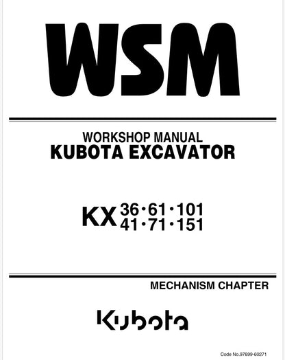 Kubota KX36, KX41, KX61, KX71, KX101, KX151 Excavator Pdf Repair Service Manual