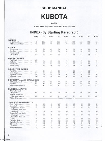 Kubota L185, L235, L245, L285, L295, L305, L345, L355 Tractor Pdf Repair Service Manual