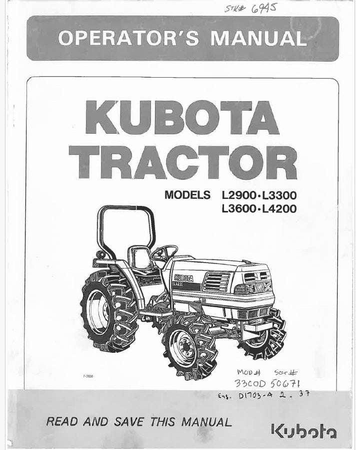 Kubota L2900, L3300, L3600, L4200 Tractor Pdf Operator's Manual