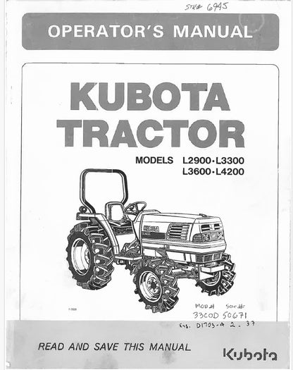 Kubota L2900, L3300, L3600, L4200 Tractor Pdf Operator's Manual