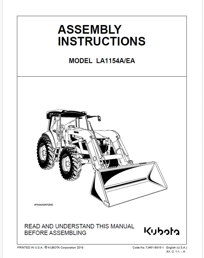 Kubota LA1154A/EA Front Loader Assembly Instructions Manual