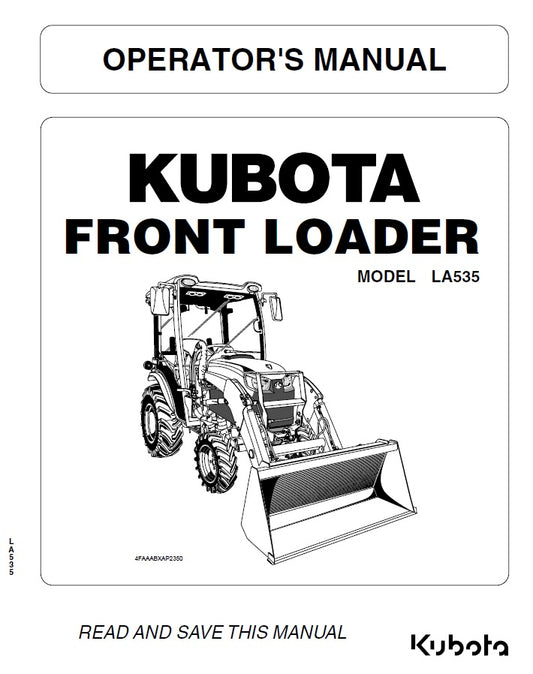 Operator's manual for Kubota front loader model LA535 with black and white illustration.