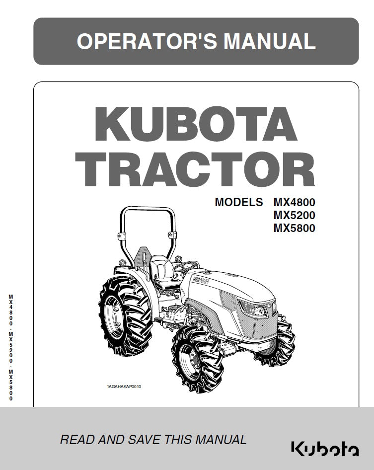 Kubota MX4800, MX5200, MX5800 Tractor Pdf Operator's Manual