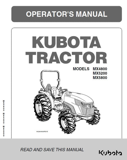 Kubota MX4800, MX5200, MX5800 Tractor Pdf Operator's Manual