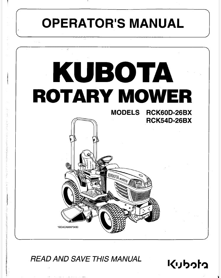 Kubota RCK60D-26BX, RCK54D-26BX Rotary Mower Pdf Operator's Manual