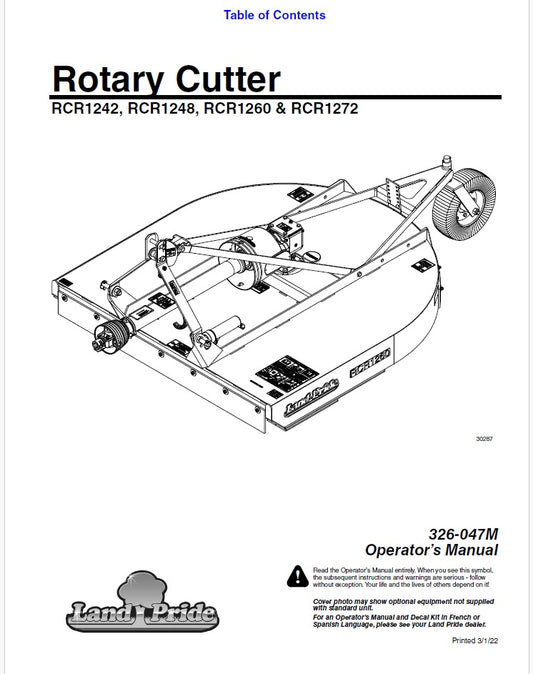 Kubota RCR1242, RCR1248, RCR1260, RCR1272 Rotary Cutter Pdf Operator's Manual