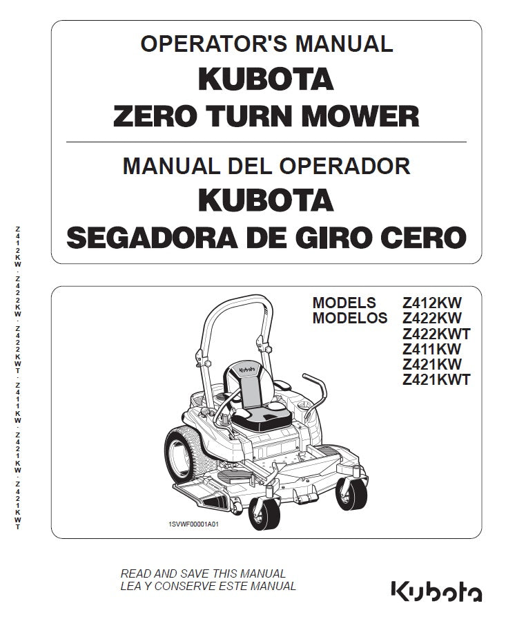 Kubota Z412KW, Z422KW, Z422KWT, Z411KW, Z421KW, Z421KWT Zero Turn Mower Pdf Operator's Manual