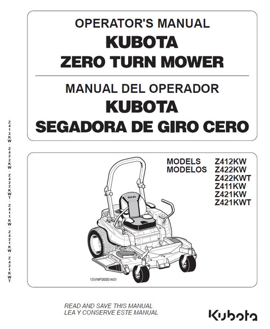 Kubota Z412KW, Z422KW, Z422KWT, Z411KW, Z421KW, Z421KWT Zero Turn Mower Pdf Operator's Manual