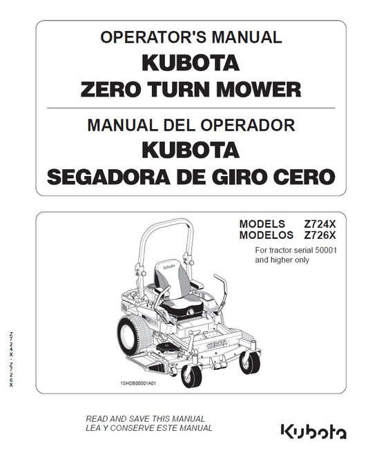 Kubota Z724X, Z726X Zero Turn Mower Pdf Operator's Manual