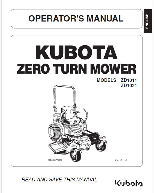 Kubota ZD1011, ZD1021 Zero Turn Mower Pdf Operator's Manual