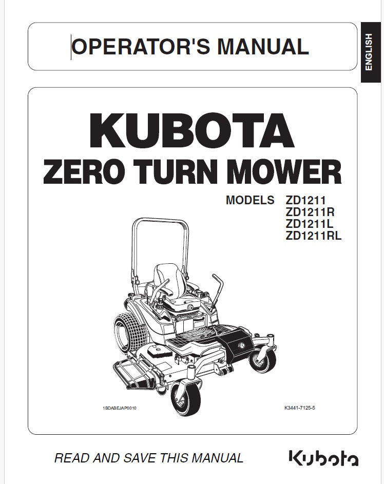 Kubota ZD1211, ZD1211R, ZD1211L, ZD1211RL Zero Turn Mower Pdf Operator's Manual