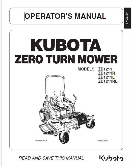 Kubota ZD1211, ZD1211R, ZD1211L, ZD1211RL Zero Turn Mower Pdf Operator's Manual