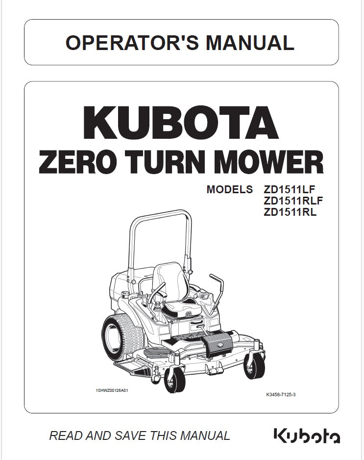 Kubota ZD1511LF, ZD1511RLF, ZD1511RL Zero Turn Mower Pdf Operator's Manual