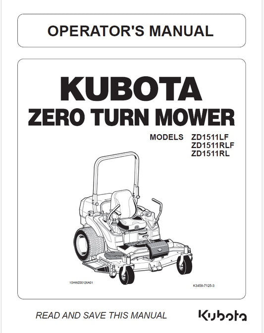 Kubota ZD1511LF, ZD1511RLF, ZD1511RL Zero Turn Mower Pdf Operator's Manual