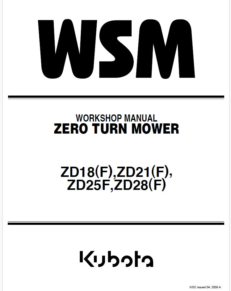 Kubota ZD18(F), ZD21(F), ZD25F, ZD28(F) Zero Turn Mower Pdf Repair Service Manual