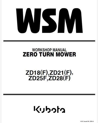 Kubota ZD18(F), ZD21(F), ZD25F, ZD28(F) Zero Turn Mower Pdf Repair Service Manual