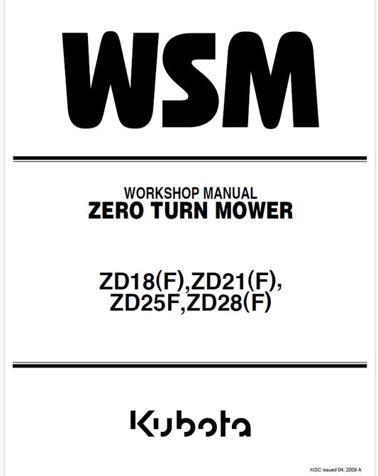Kubota ZD18(F), ZD21(F), ZD25F, ZD28(F) Zero Turn Mower Pdf Repair Service Manual