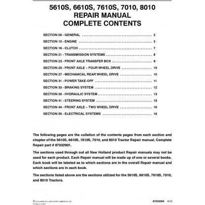 New Holland 5610S 6610S 7610S 7010 8010 Tractor Pdf Repair Service Manual (p. Nb. 87032901)