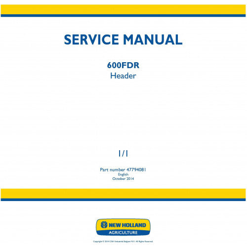 New Holland 600FDR Header Pdf Repair Service Manual (p. Nb. 47794081)