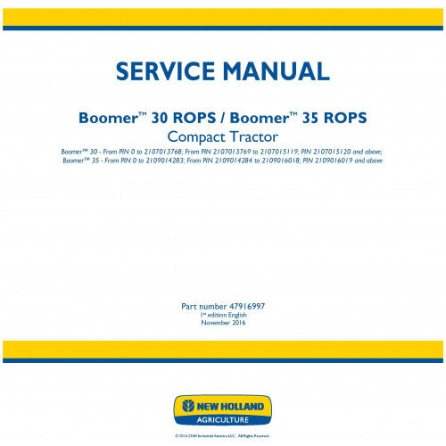 New Holland Boomer 30 Rops, Boomer 35 Rops Compact Tractor Pdf Repair Service Manual Eu (p. Nb. 47916997)