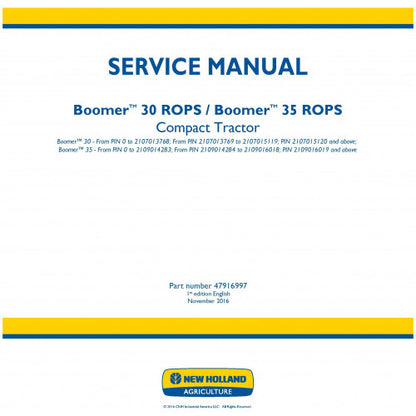 New Holland Boomer 30 Rops, Boomer 35 Rops Compact Tractor Pdf Repair Service Manual Eu (p. Nb. 47916997)