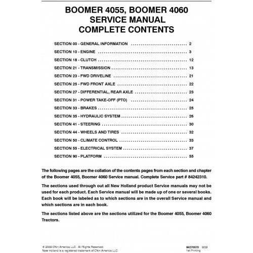 New Holland Boomer 4055, Boomer 4060 Tractor Pdf Repair Service Manual (p. Nb. 84242310)