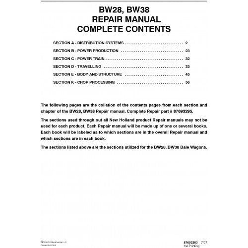 New Holland BW28, BW38 Bale Wagon Pdf Repair Service Manual (p. Nb. 87693295)