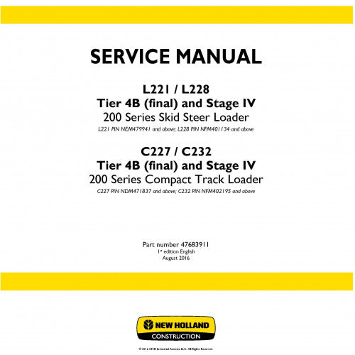 New Holland C227 Compact Track Loader 200 Series Pdf Repair Service Manual Eu (p. Nb. 47683911)
