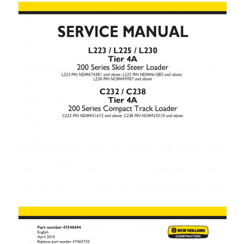 New Holland C232 Compact Track Loader Pdf Repair Service Manual Na (p. Nb. 47540694)