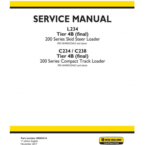 New Holland C234, C238 Compact Track Loader Pdf Repair Service Manual Na (p. Nb. 48060316)