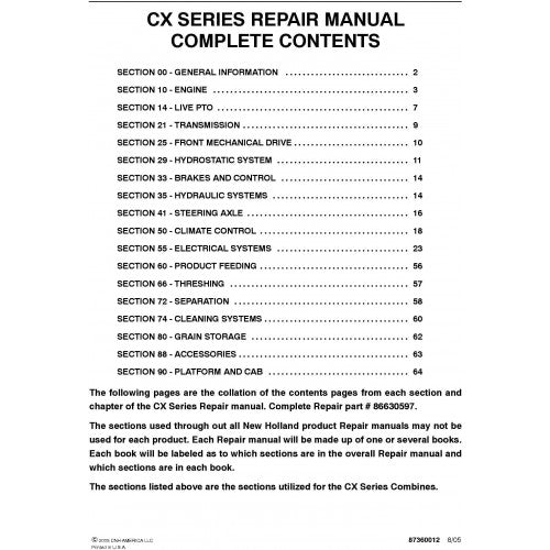 New Holland CX720, CX740, CX760, CX780, CX820, CX840, CX860, CX880 Combine Pdf Repair Service Manual (P. Nb. 86630597)