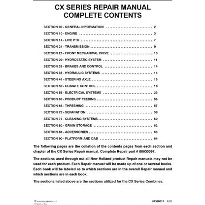 New Holland CX720, CX740, CX760, CX780, CX820, CX840, CX860, CX880 Combine Pdf Repair Service Manual (P. Nb. 86630597)