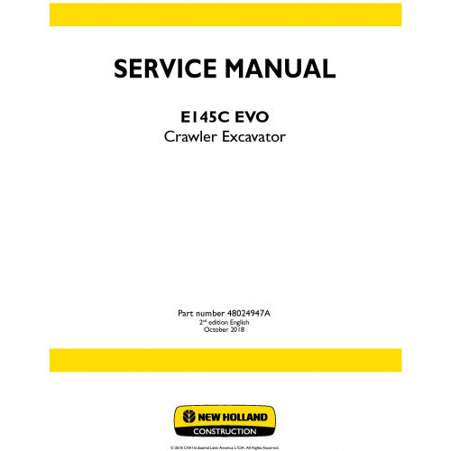 New Holland E145C Evo Crawler Excavator Pdf Repair Service Manual (P. Nb. 48024947A)