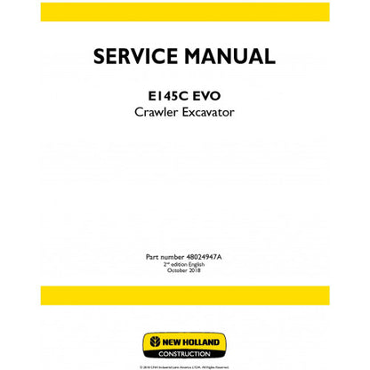 New Holland E145C Evo Crawler Excavator Pdf Repair Service Manual (P. Nb. 48024947A)